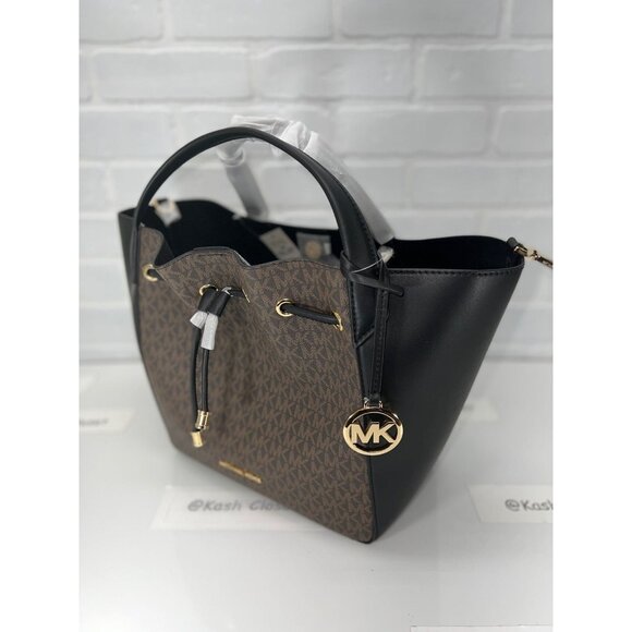 Michael Kors bucket phoebe tote bag large two tone MK signature Brown Black - Picture 3 of 10